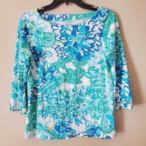 Lilly Pulitzer Blue Dahlia Abstract Vibrant Stretch Tee Half Sleeve Size Small